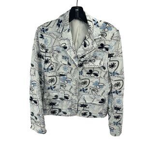 Per Se Women's Floral Cropped Blazer Jacket Fully Lined White Blue Size 4